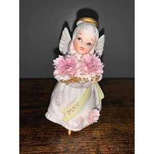 Vintage Lefton May Birthday Angel Figurine KW3332 Bisque Porcelain Porcelain